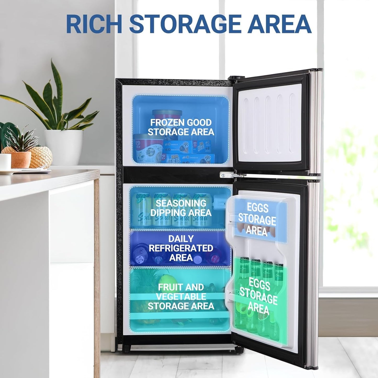 Mini Fridge with Freezer, 3.6 Cu. Ft. Adjustable Thermostat Compact Fridge with Freezer,Office Mini Refrigerator with Freezers, Small Size Dorm Fridges for Apartment,Dorm,Kitchen,Office,Silver