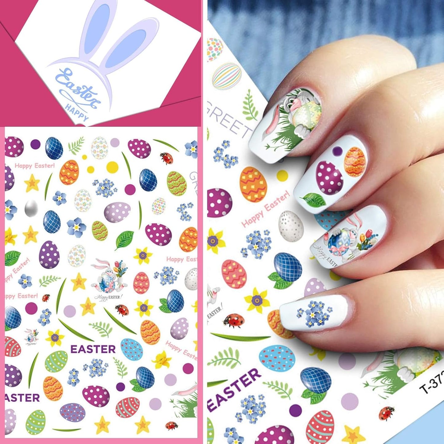 Kalolary 8 Sheet Easter Nail Art Stickers Self Adhesive Easter Nail Stickers DIY Nail Decals Bunny Eggs Chick Rabbits Flower Nail Design Sticker Nail Decoration for Women Girls Kids