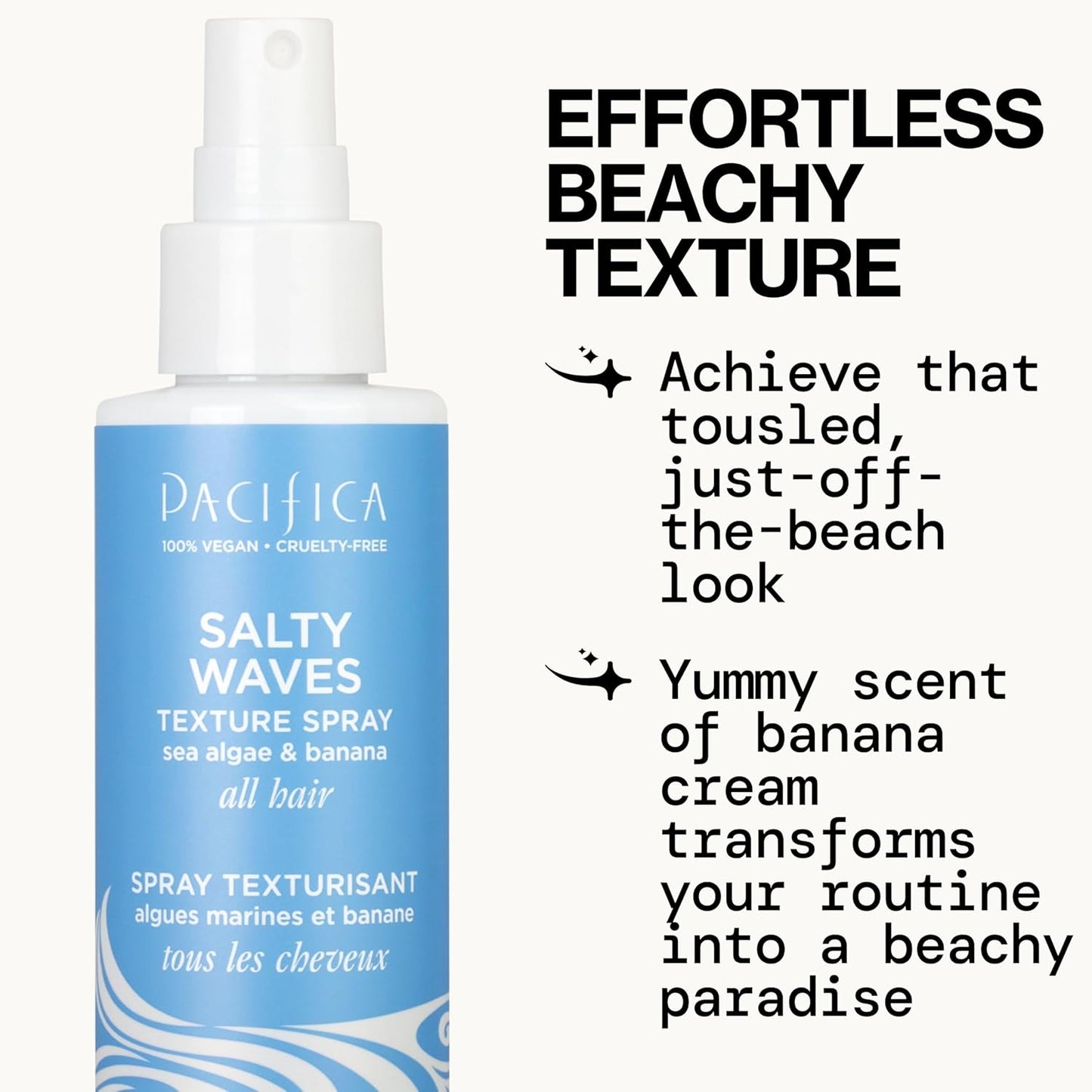 Pacifica Beauty, Salty Waves Texture Sea Salt Spray for Hair, Beachy Waves, Wavy Hair Products, Hydrating, Banana Scent, Curl Enhancing, Paraben Free, Sulfate Free, Vegan & Cruelty Free