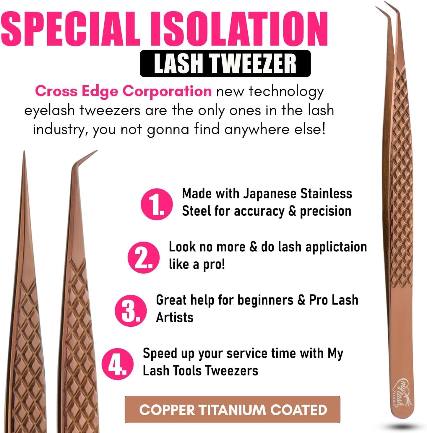 2pcs Curved & Straight Isolation Tweezers for Eyelash Extensions – 14cm Stainless Steel, Copper color Tweezer Set, Best for Classic & Individual Lashes, Professional Pinzas para Pestaña