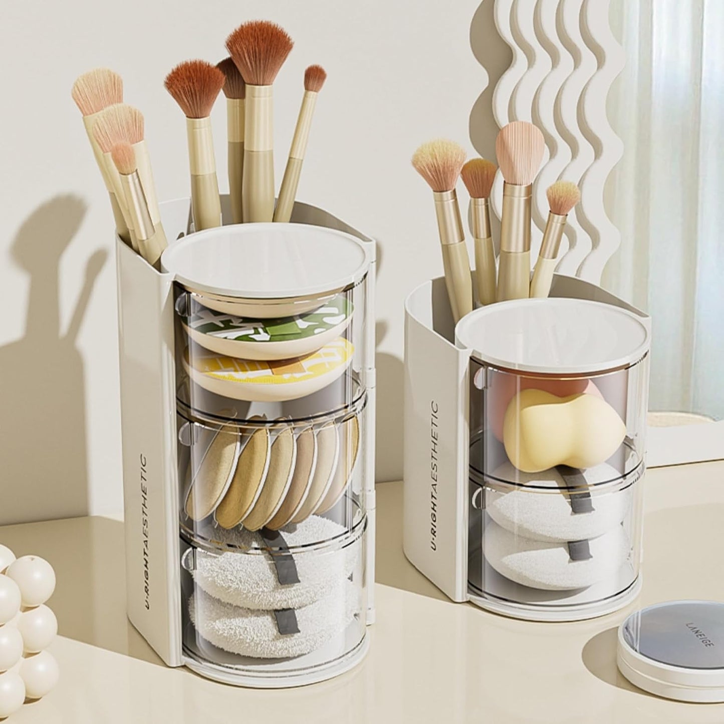 Hair Accessories Organizer with Hair Brush Holder, Rotatable Makeup Brush Holder for Necklaces, Earring, Bracelet, Ring, Makeup Brushes, Hair Clip and Hair Accessories (White, 2-Layer)