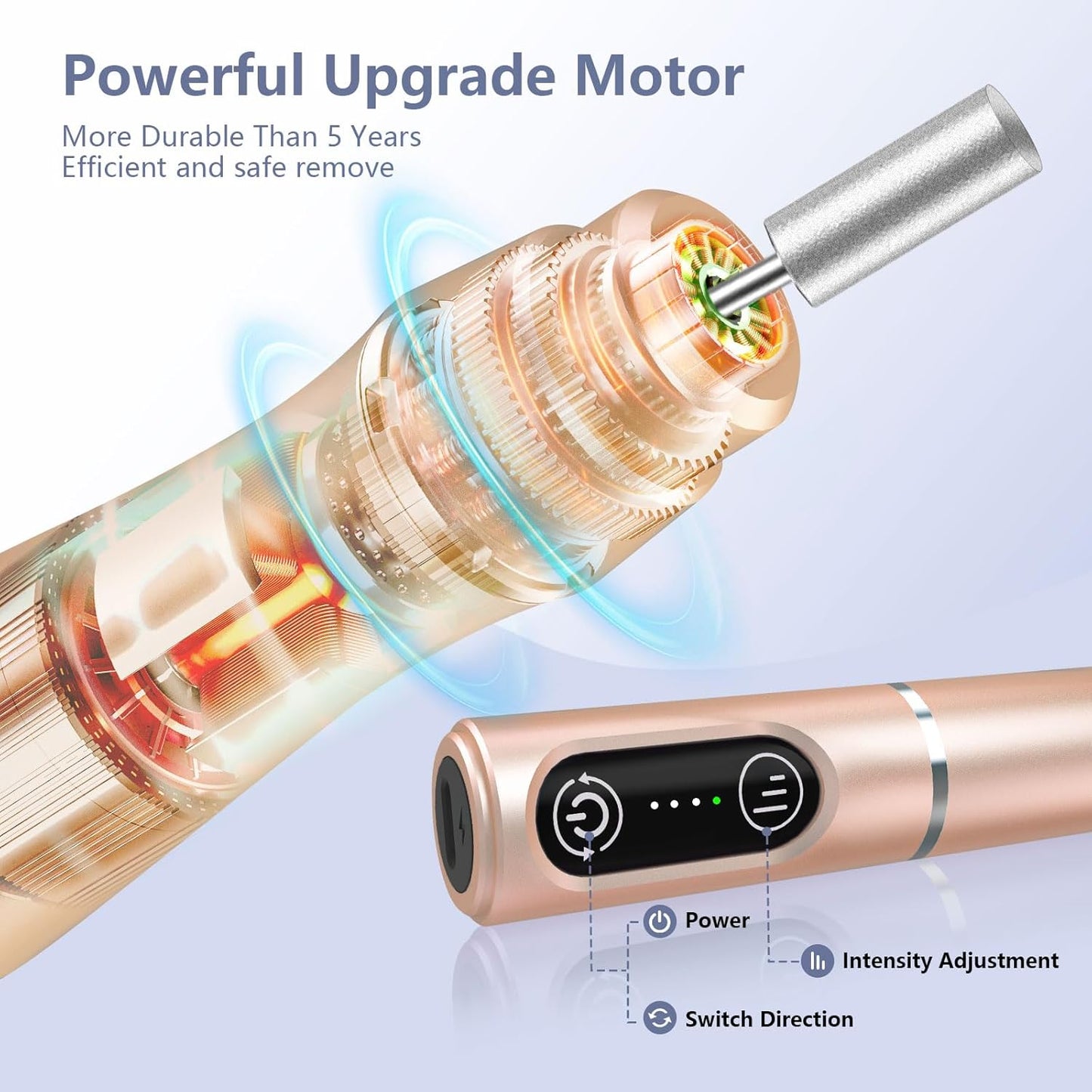 Cordless Nail Drill Electric Rechargeable File Kit, Professional Efile Acrylic Gel Nail Polish Remover Pedicure Manicure Machine Portable Set with 11 Bits 56 Sanding Bands for Salon Home (Gold)