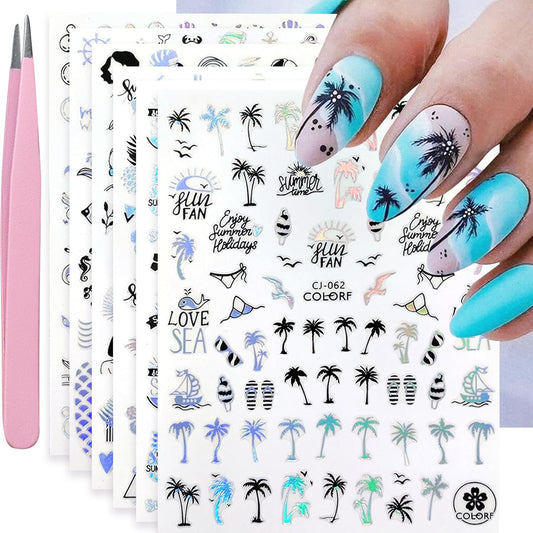 Summer Nail Art Stickers 6 Sheets Shell Nail Decals 3D Self-Adhesive Nails Design Accessories Palm Tree Jellyfish Mermaid Stickers for Women Nails Decoration