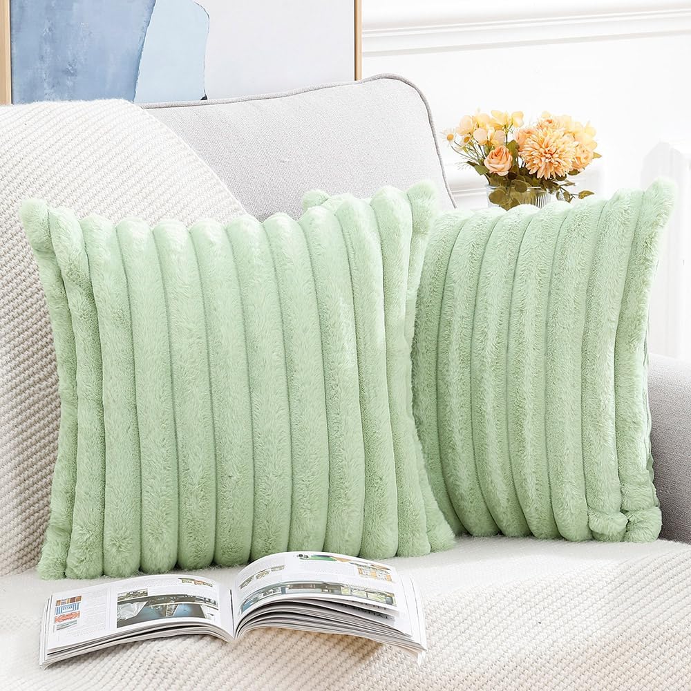 MADIZZ Set of 2 Faux Wool Plush Decorative Throw Pillow Covers 22x22 Inch Light Green Fluffy Striped Soft Decorative Cushion Cover for Sofa Bedroom Pillow Shell