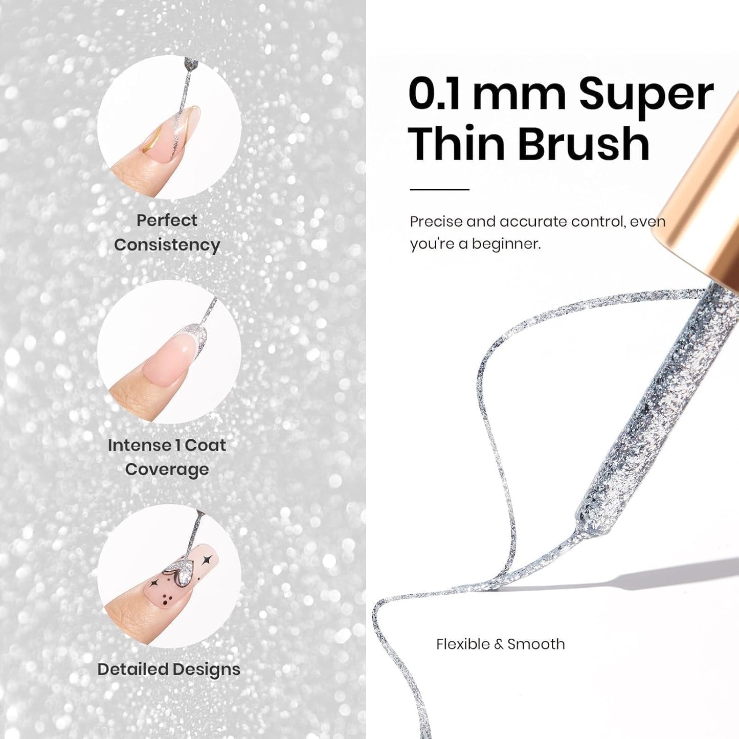 beetles Gel Polish Silver Glitter Gel Polish 1pcs 7ml Reflective Silver Glitter Liner Gel Polish for Gel Art Paint Sparkly Shiny Gel Nail Polish Liner for Women