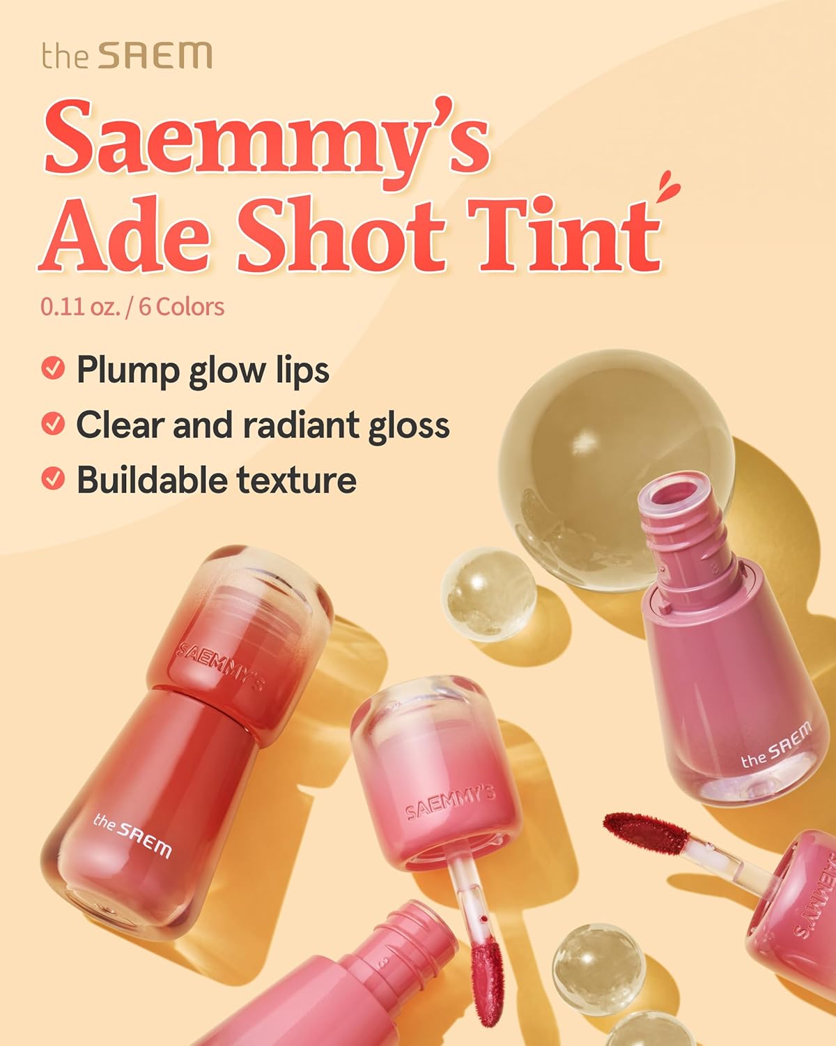 THESAEM Saemmy's Ade Shot Tint (02, 05) - Korean Lip Titnt, Water Gel Lip Stain with Plump Glowy Moisturizing Finish, Buildable Radiant Gloss, Long-Lasting Comfort, 0.1 fl.oz.