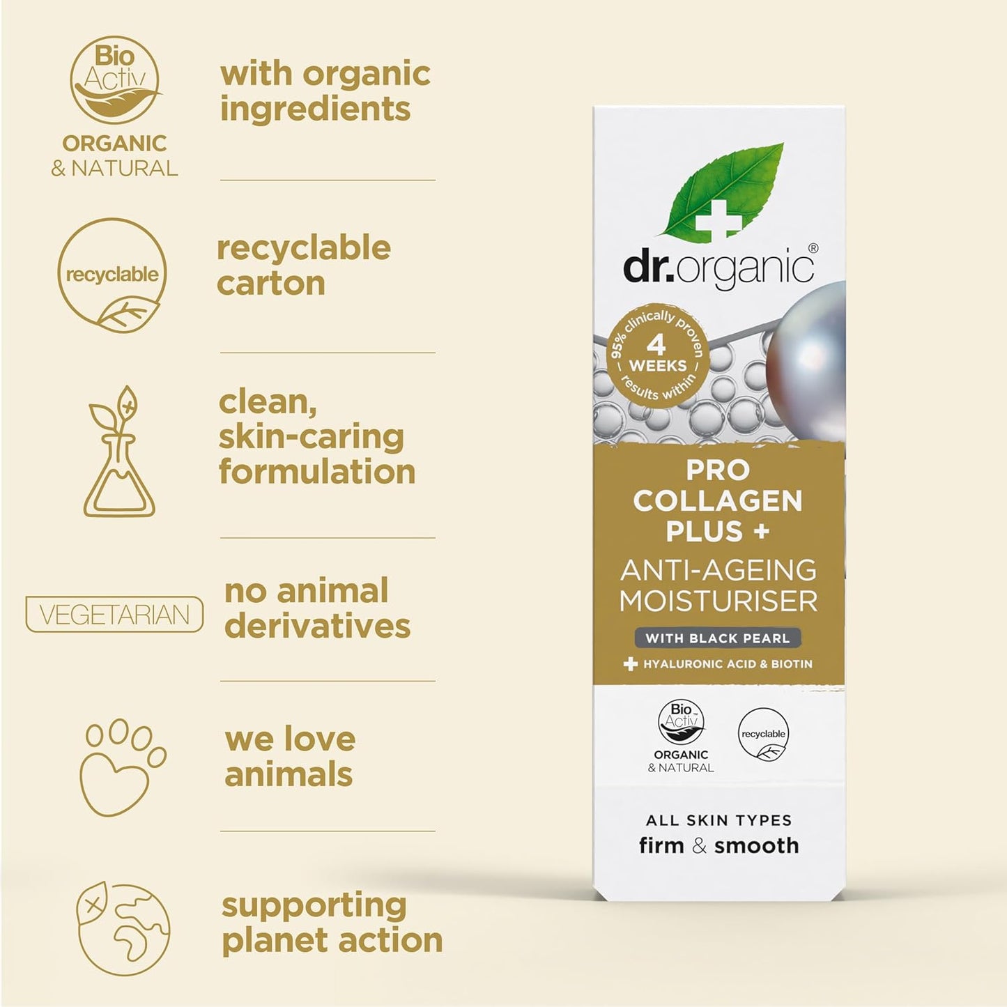 Dr. Organic Pro Collagen Plus + Anti-Ageing Moisturiser with Black Pearl | Firm & Smooth Skin, Reduces Wrinkles, (All Skin Types) Natural, Certified Organic, Paraben & SLS-Free, 50 mL / 1.7 fl oz
