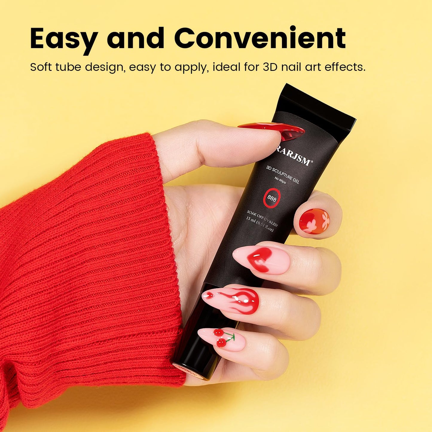 RARJSM 3D Sculpture Gel Polish for Nail Art - No Wipe Red 2 in 1 Gem Rhinestone Glue Drawing Hard Craving Sculpting Gel UV LED Curing Requires Soft Tube DIY Decoration Manicure Design