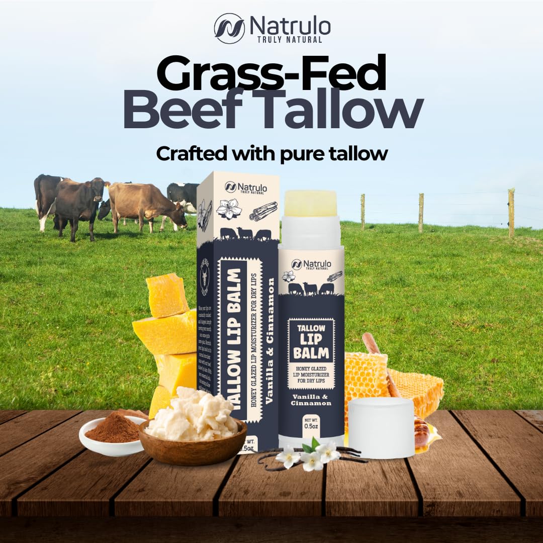 Beef Tallow Lip Balm – Natural Tallow Beeswax Chapstick – Hydrating Moisturizer Grass Fed Bison Tallow Balm Lip Care – Soothes Chapped, Dry Lips, Sensitive Skin – Long Lasting & Vitamin Rich USA-Made
