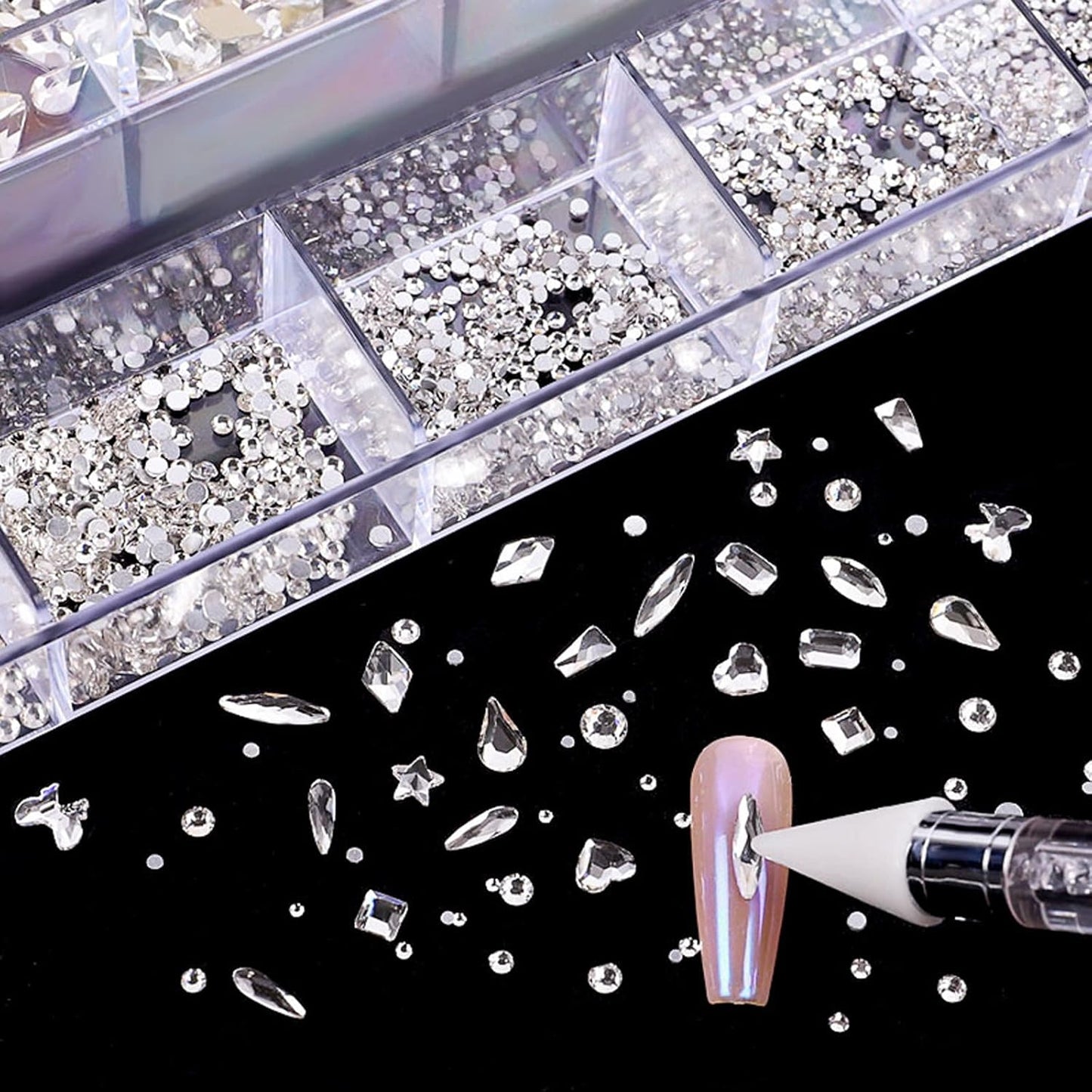 Nail Rhinestones Kit, Nail Art Decorations Flat AB Rhinestones Kit DIY Crafts Gemstones for Nail, Shoes, Clothes, Jewels (600 Clear Diamonds + 2500 Flat Rhinestone)