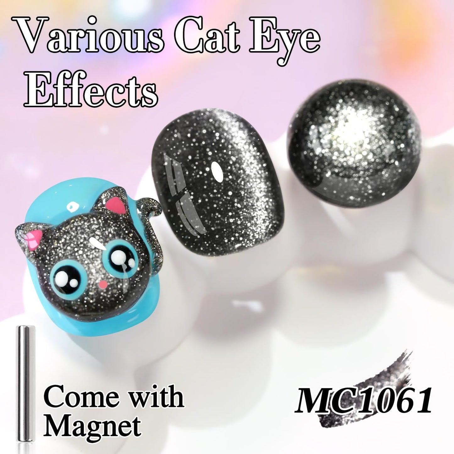 Double Rhythm Jelly Glass Cat Eye Gel Polish with Magnet 15ML Holographic Glitter Shimmer Translucent Sheer Color Magnetic Nail Polish Salon DIY at Home (Black Glitter-MC1061)