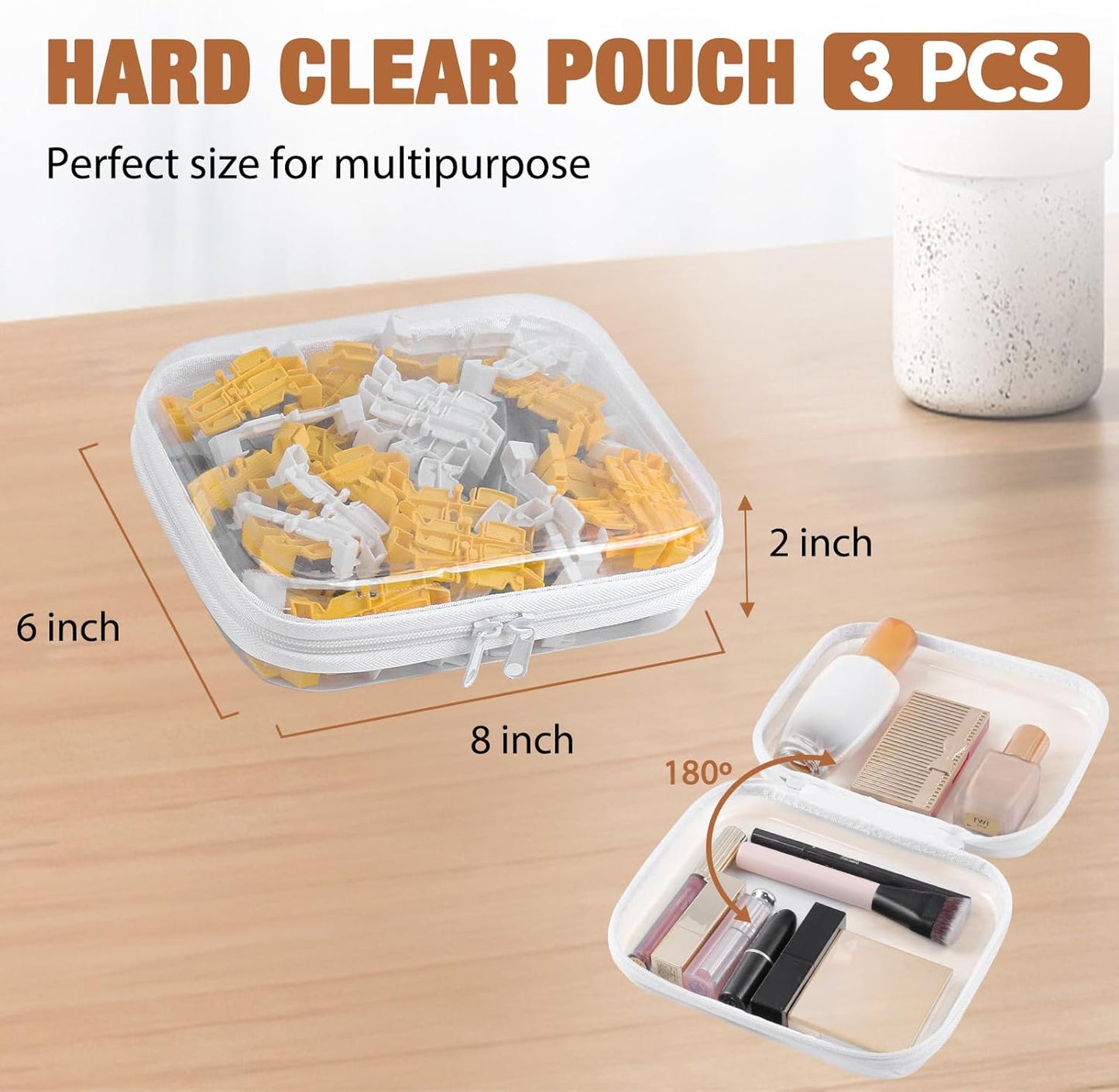 Clear Hard Shell Zipper Case 3 PCS Clear Cosmetic Make up Bag Waterproof Travel Toiletry Bag for Women, Hard Plastic Zipper Pouches Portable Travel Storage Organizer Bins (White, 8"x6"x2")