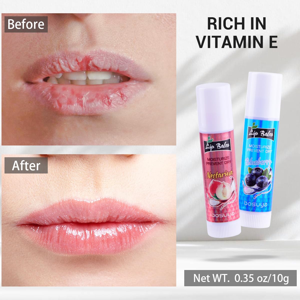 6 Pack Lip Balm, Fruit Flavoured Lip Balms, All Day Moisturising, Soft Natural Lip Balm with Vitamin E and Coconut Oil for chapped or dry lips.