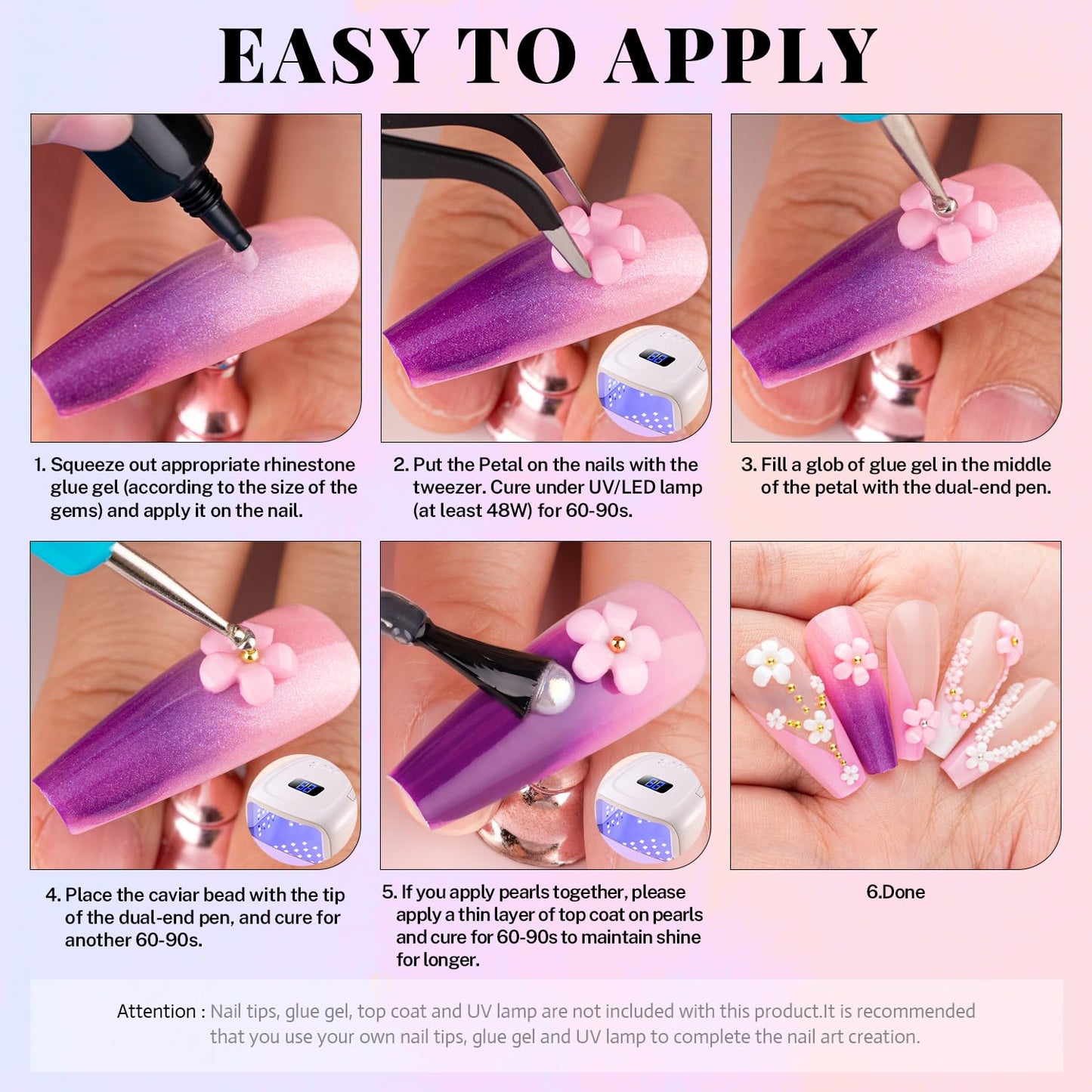 3D Nail Charms, Butterfly White Pink Acrylic Flower Starry AB Gemstones Caviar Beads Half Round Pearl, Flat Back Glass Crystal AB + Clear Round Gems Rhinestones for Nails with Pickup & Dotting Tools