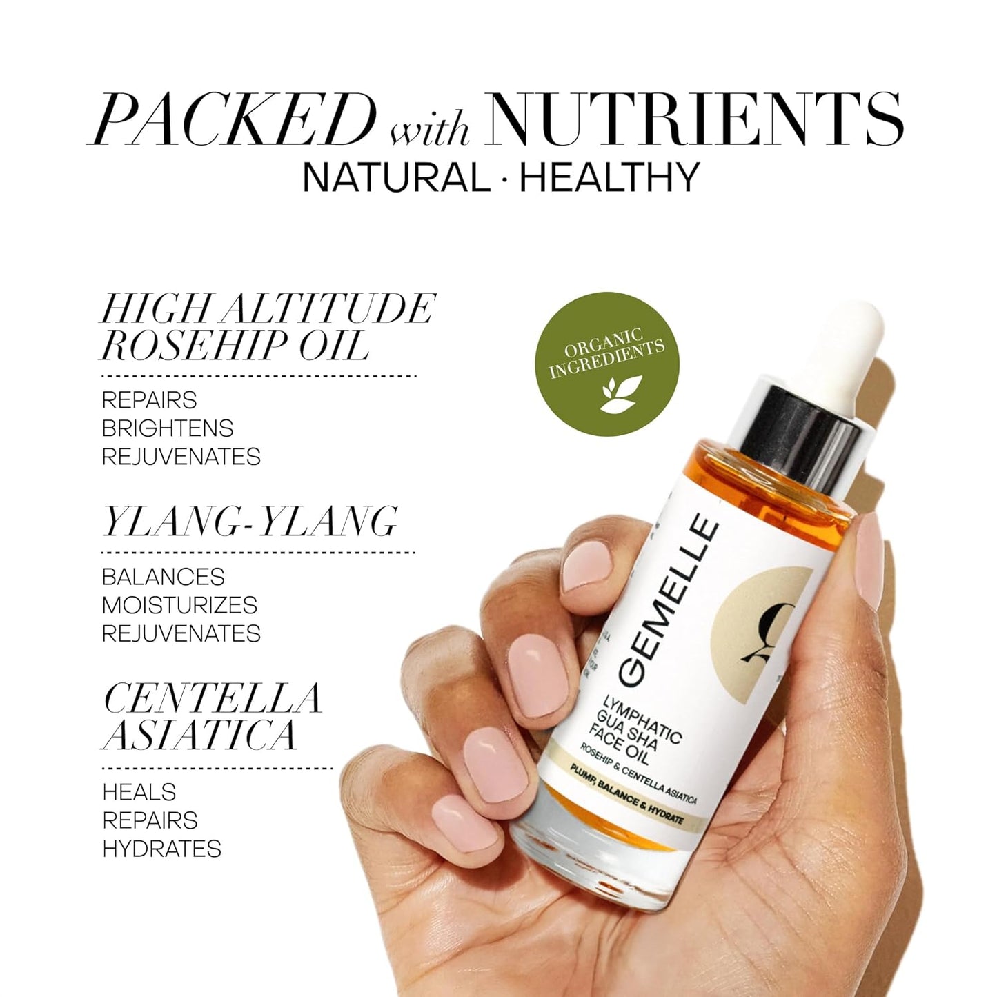 GEMELLE Lymphatic Gua Sha Face Oil | 10x Award Winner | Detox, Plump, Balance, Hydrate | High-Altitude Rosehip, Centella Asiatica & More! | Organic, Natural, Clean Beauty | Starter, Travel 15ml