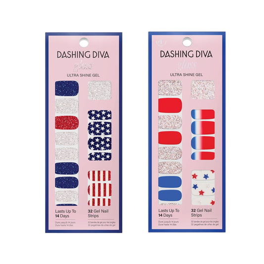 Dashing Diva Patriotic Gloss Nail Strips Bundle - Salute & Independent - UV Free, Chip Resistant, Long Lasting Gel Nail Stickers - Contains 2 Sets