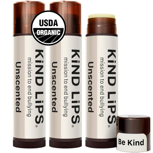 Kind Lips USDA Organic Lip Balm Unscented 3 Pack – 100% Natural, Moisturizing Lip Care with Beeswax. Hydrates & Nourishes Dry, Chapped Lips. Cruelty-Free, Eco-Friendly, and Non-Toxic. Unflavored