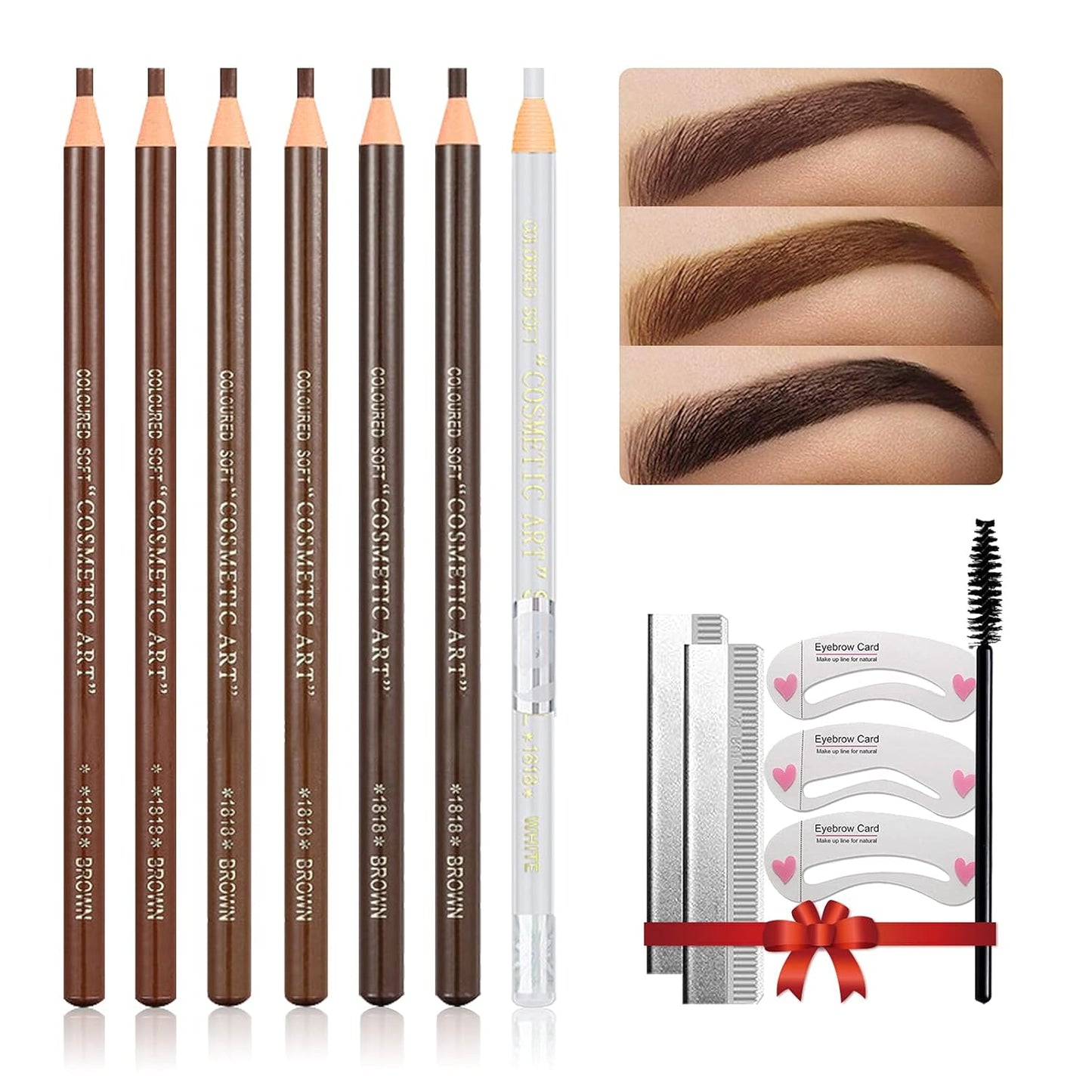 Waterproof Eye-Brow Pen-cil Set, Pull Cord Peel-off Eyebrow Pencil Microblading Eyebrow Pen Supplies Kit, White Eye-Liner Pencil and Eyebrow Tool Tattoo Makeup (6+1 Brown+Dark Brown+Light Brown)
