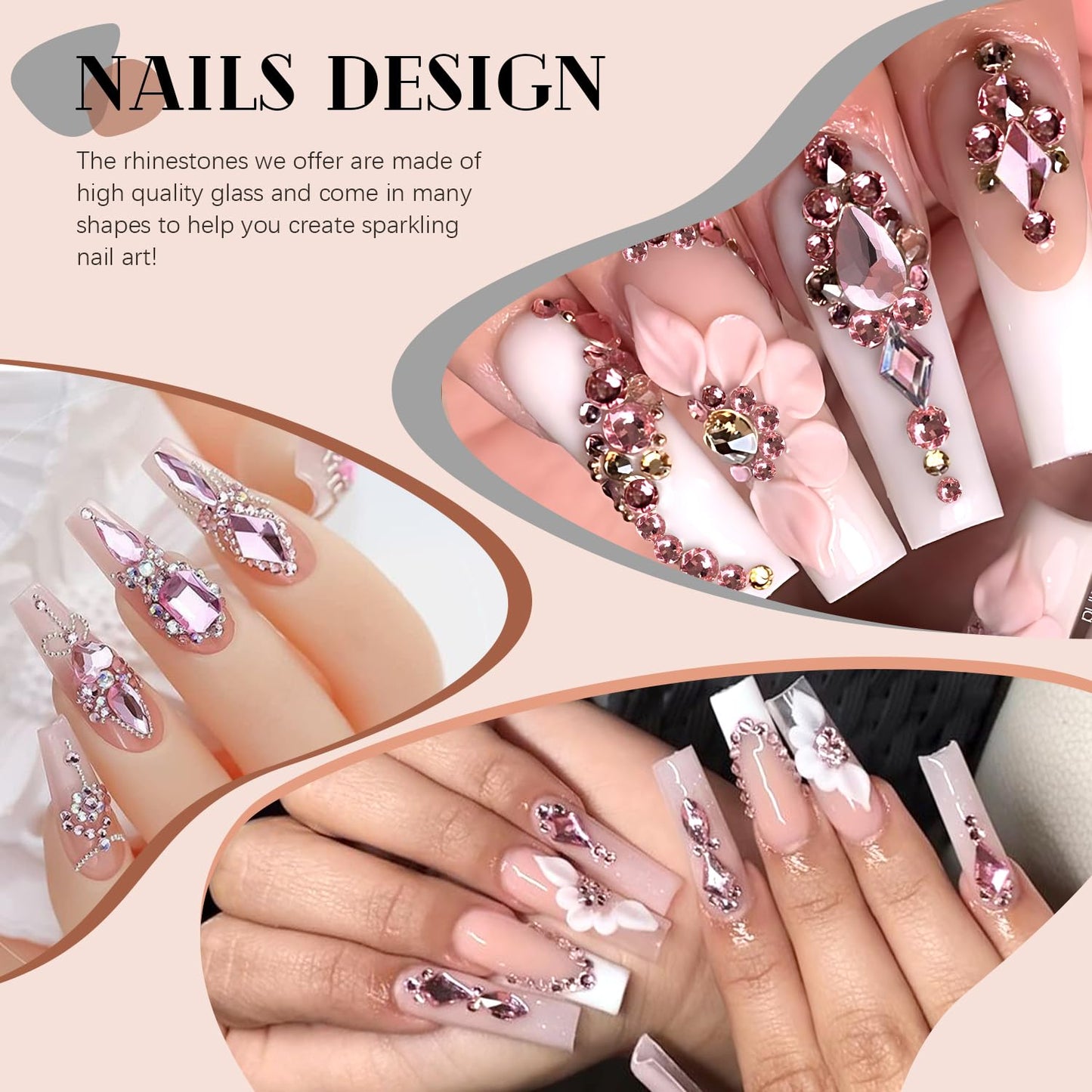 1680Pcs Pink Glass Nail Rhinestones 180Pcs Multi Shapes Flatback Nail Gems + 1500Pcs 1.5-4mm Round Crystal, Manicure Nail Charms Diamond Gemstones for Acrylic Nails Decoration