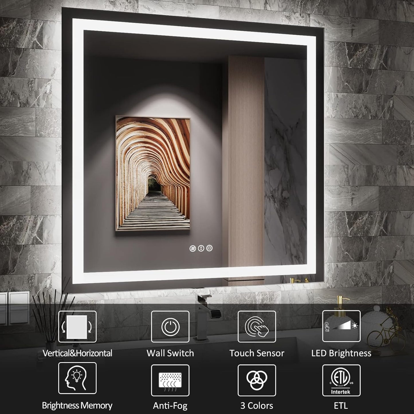 Amorho LED Bathroom Mirror 38'' X38'' with Front and Backlit, Stepless Dimmable Wall Mirrors with Anti-Fog, Shatter-Proof, Memory, 3 Colors, Double LED Vanity Mirror