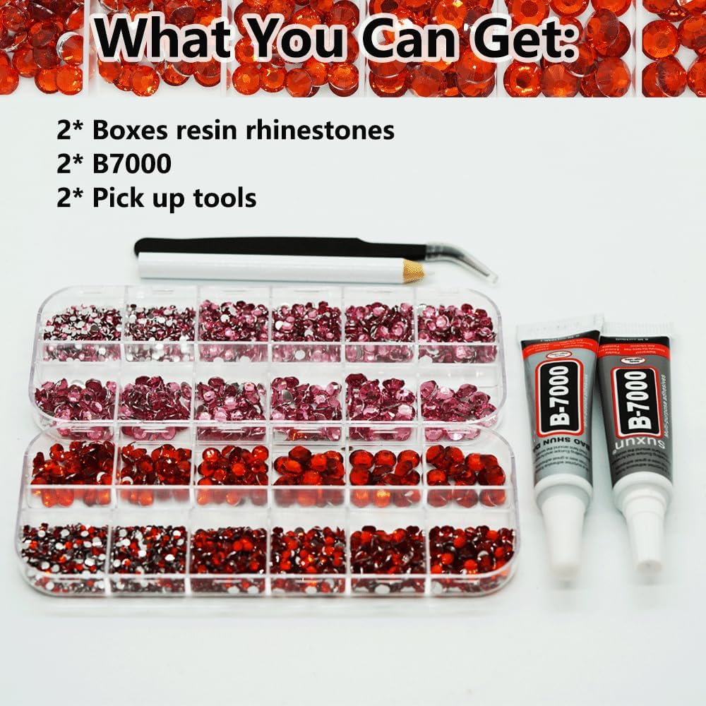 Pink and Red Rhinestones with Glue(S8-S30) for Bedazzling,2mm-6mm Non-Hotfix Flatback Nail Gems Beads with B7000, Resin Nail GemsStones Diamond Kit for Bedazzle Crafting, Nails DIY Art Decoration