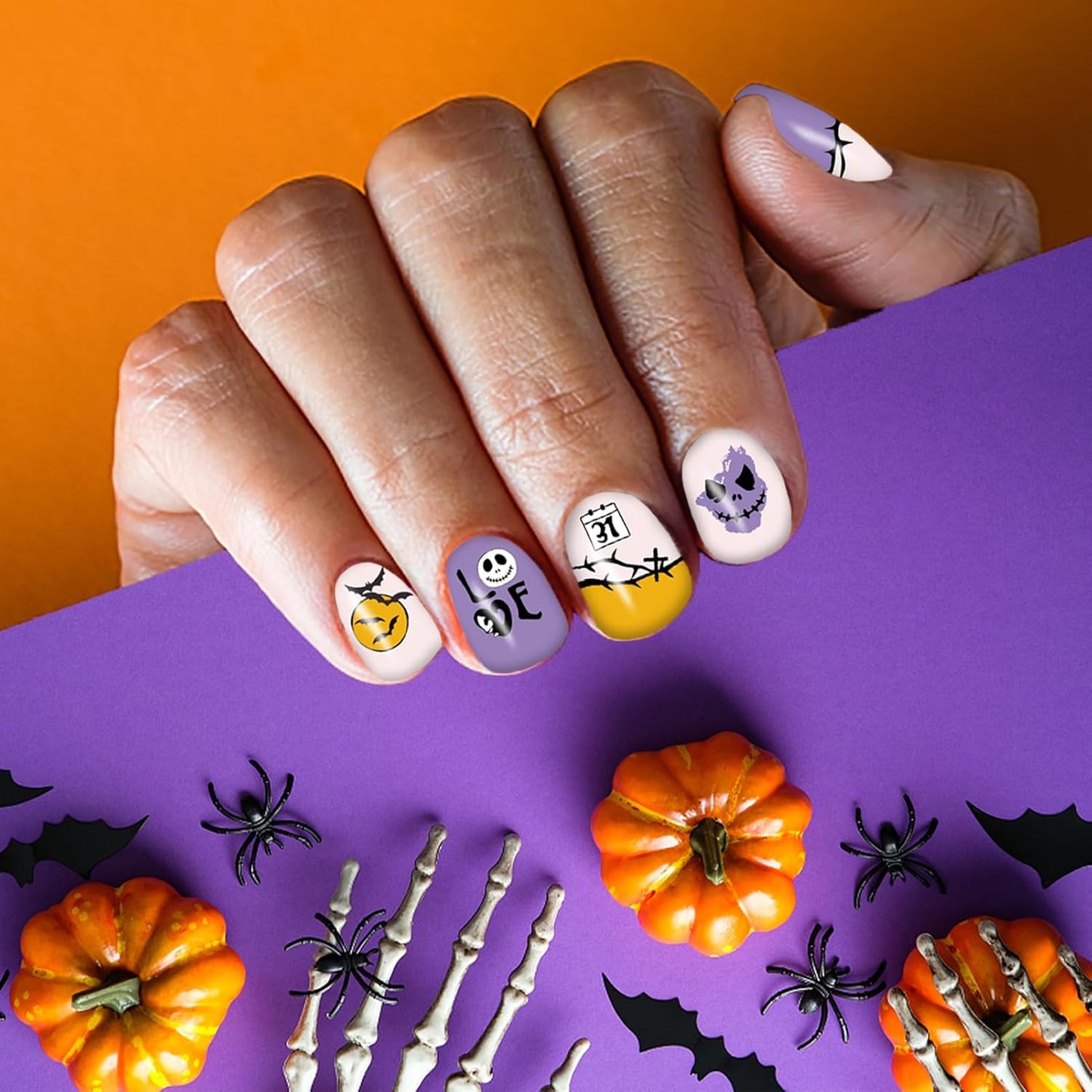 12 Sheets Halloween Nail Wraps Stickers, Nail Polish Strips DIY Self-Adhesive Full Glitter Nail Art Decals Pumpkin Bat Ghost Spider Skull Pattern with 2 Piece Nail Files for Party Decor (168 Pieces)