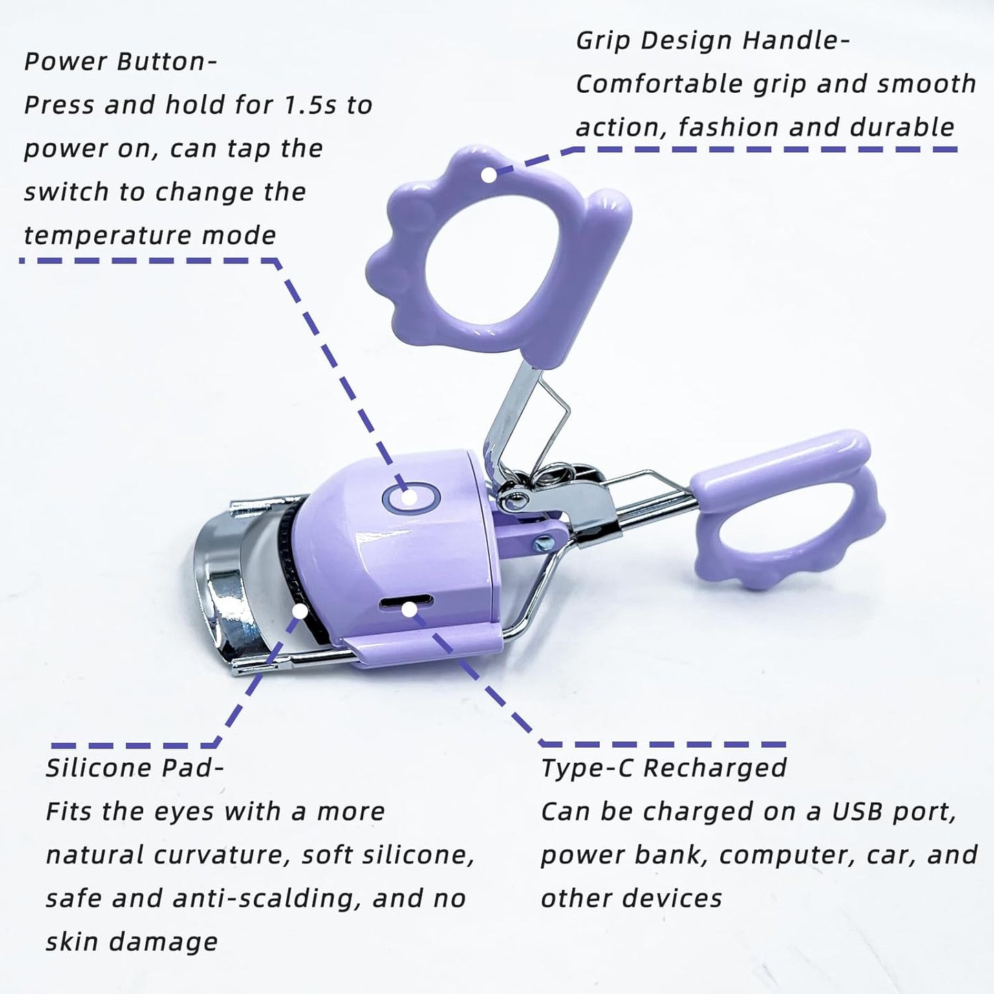 Pinkiou Heated Eyelash Curler for Women USB Rechargeable Lash Curler Long Lasting Ironing Electric Eyelash Curler with Silcone Pad Replacable Great Makeup Tools for Her(Purple)