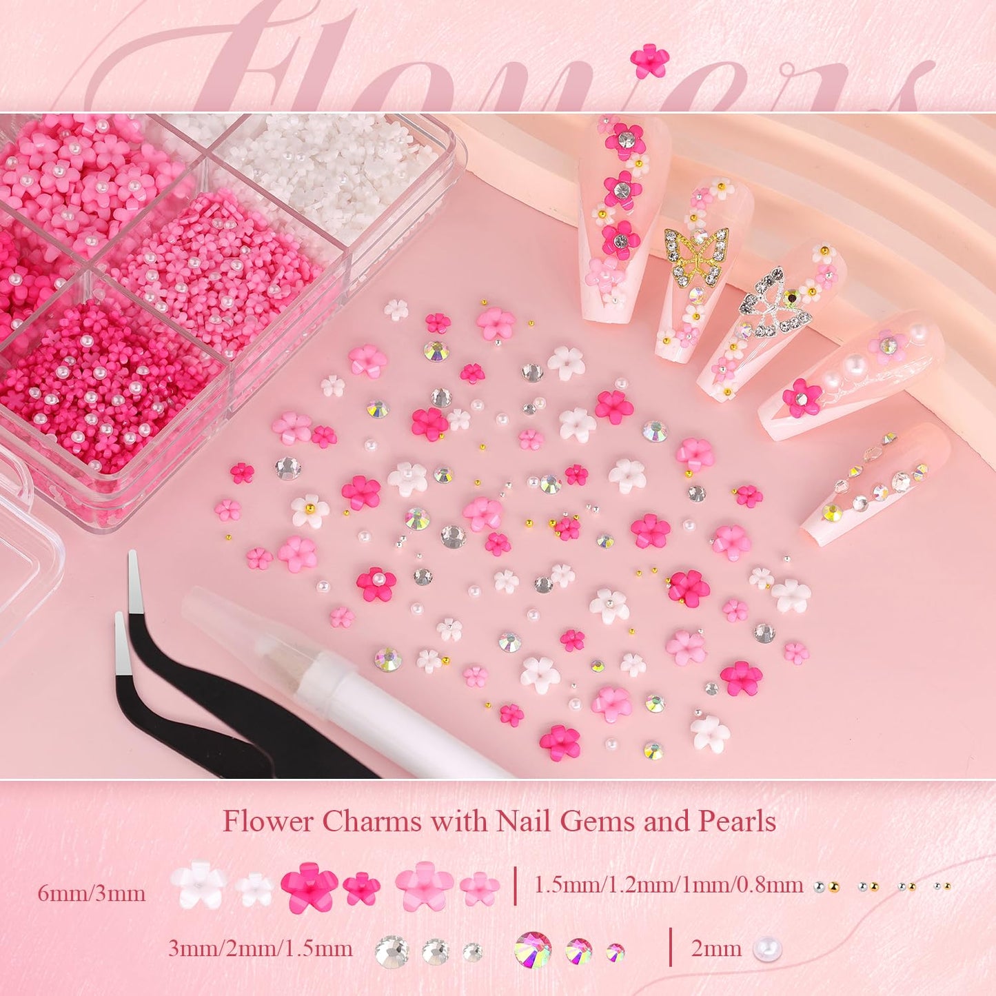 3D Nail Charms and Gems Set 4 with Rhinestone Glue, 20PCS Gold and Silver Chunky Butterfly Nail Charms, 3D Flowers for Nails, Crystal and Pearls + Metal Caviar Beads + Picker Tool for Y2K Nail Decor