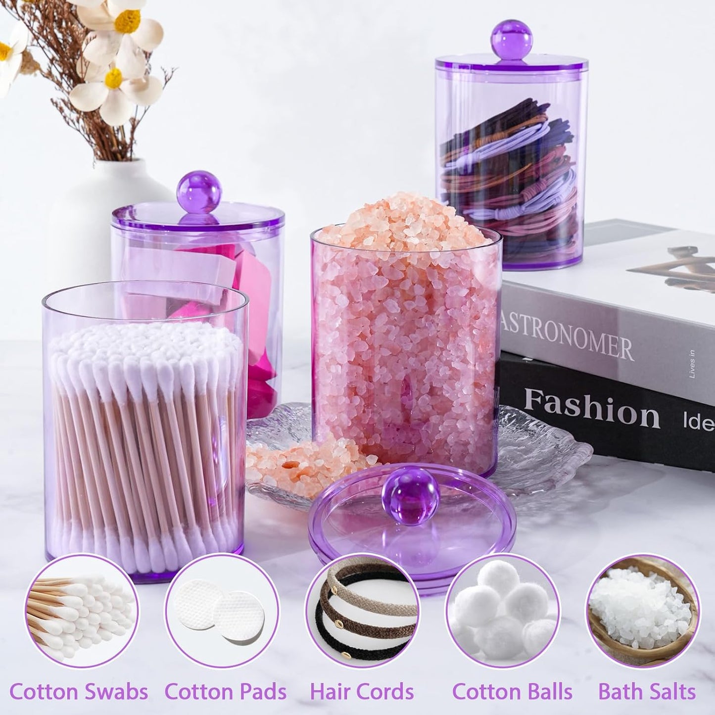 4 Pack Qtip Holder,Canister Apothecary Jar Set, Bathroom Jars with Lids Set for Cotton Swabs, Balls, Pads, Floss Picks,10oz-12oz Plastic Canisters Restroom Bedroom Vanity Organizer(Purple)