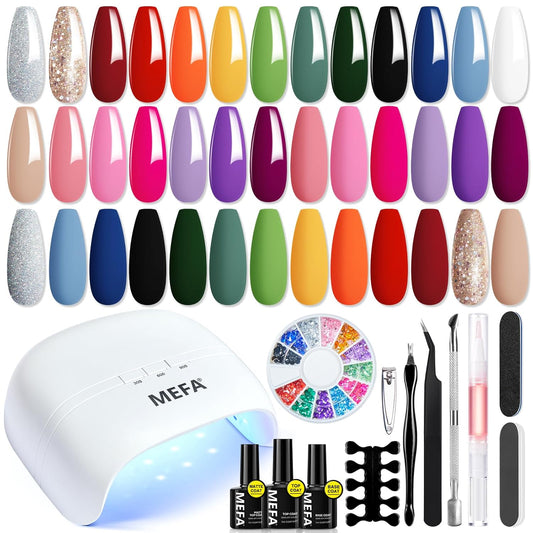 MEFA 34 Pcs Gel Nail Polish Kit with U V Light 48W, 20 Colors All Seasons Collection Pink Purple Gel Nail Polish Set with Base and Matte/Glossy Top Coat Nail Art Manicure Tools DIY Salon Home