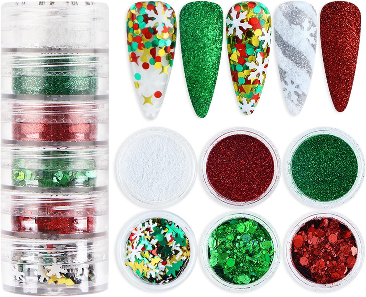 Snowflake Nail Art Glitter Christmas Nail Sequins Flakes, 3 Colors Manicure fine Glitter Powder, 3D Holographic White Green Red Winter Nail Stickers Decals Supplies Nail Charms for Women Girls 6 Box