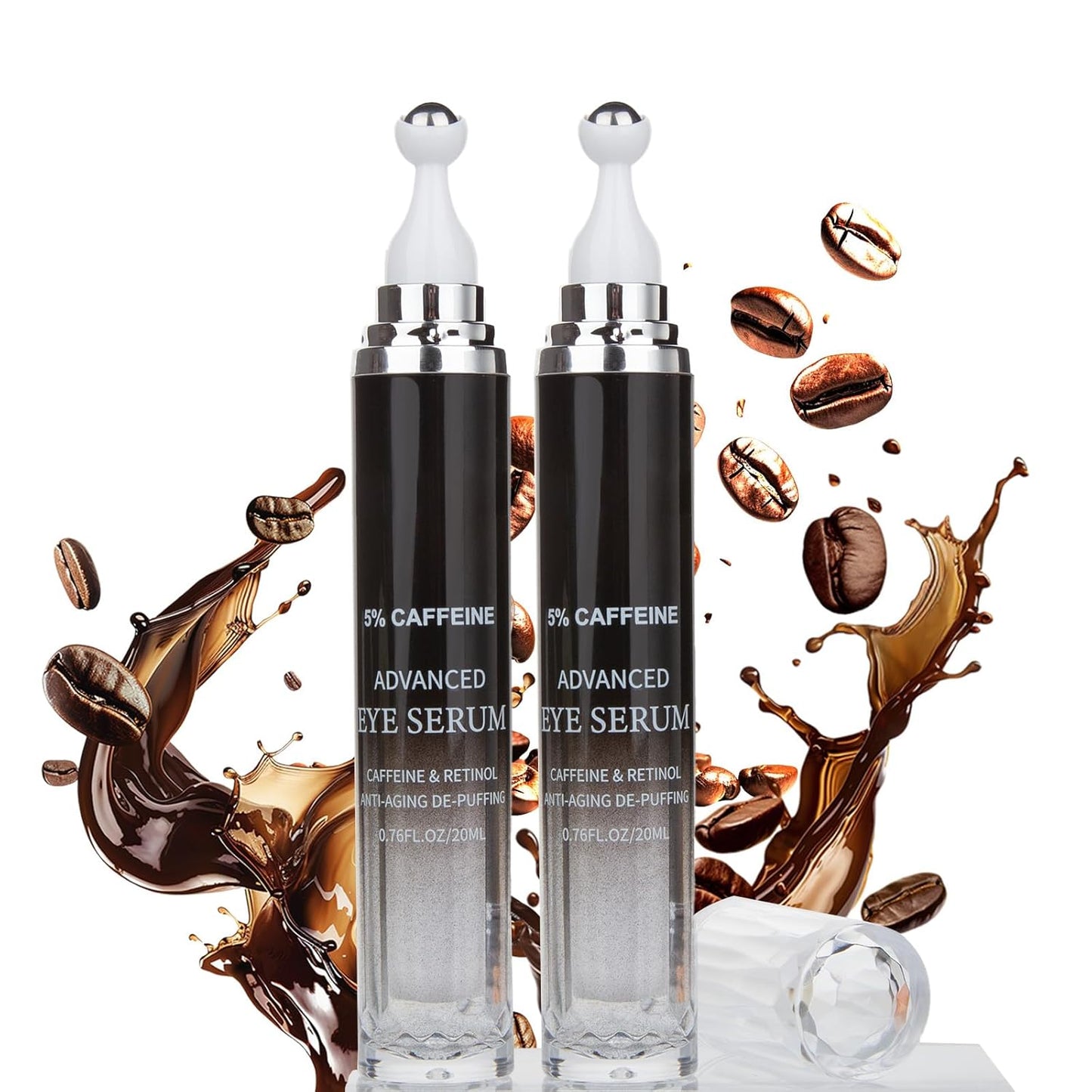 Caffeine 5% Eye Cream for Dark Circles, Under Eye Cream for Puffiness, Bags & Wrinkles, 2 PCS Anti Aging Eye Serum with Under Eye Roller, Reduces Fine Lines & Moisturize Skin.