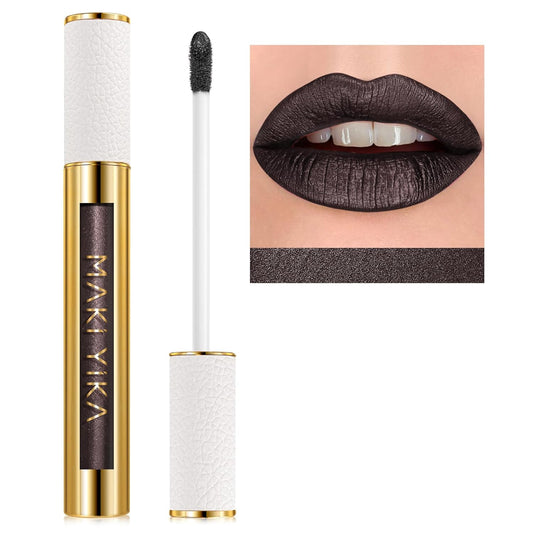 MAKI YIKA Metallic Lipstick for Women Black Lipsticks Long Lasting Glitter Lipstick No Smudge No Transfer Full-Coverage Liquid Lip Gloss (BR14 Midnight)