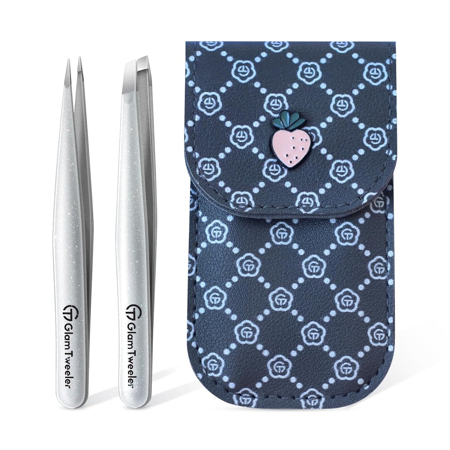 Expert Slant and Point Tip Tweezer Set with Exclusive Storage & Carrying Case, GlamTweeler Sharp & Precision Tweezer Set for Eyebrows, Facial Hairs and Fine Hairs Removal (Sparkle Silver)