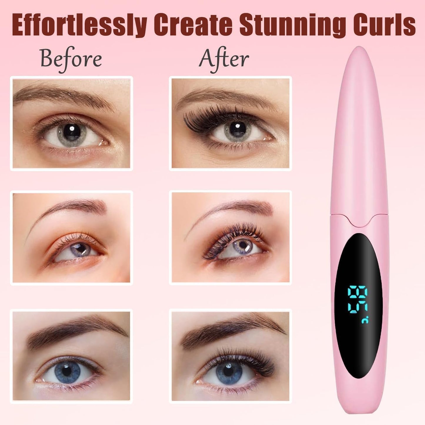 Heated Eyelash Curlers Electric Eyelash Curler with LED Display, 3 Temperature Modes Anti-Burn USB Rechargeable Natural Curling 24H Long Lasting for Women Makeup Tools Gifts （Pink）