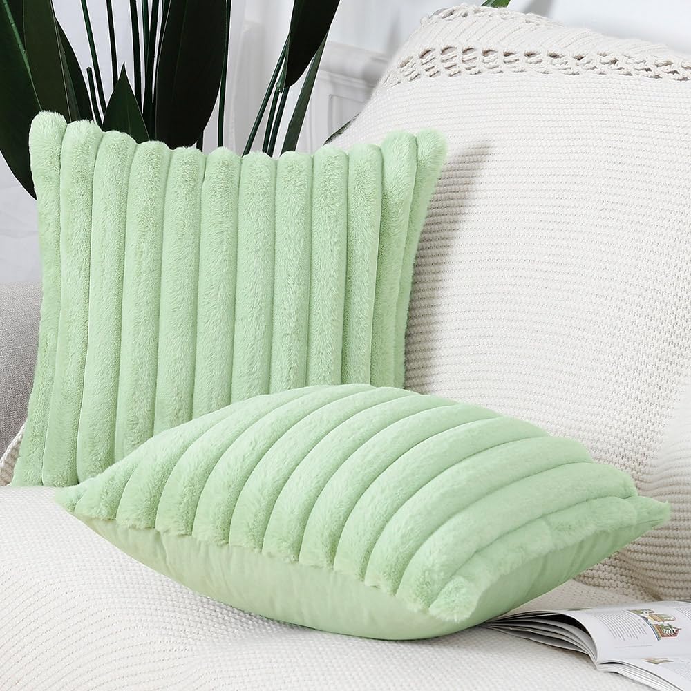 MADIZZ Set of 2 Faux Wool Plush Decorative Throw Pillow Covers 16x16 Inch Light Green Fluffy Striped Soft Decorative Cushion Cover for Sofa Bedroom Pillow Shell