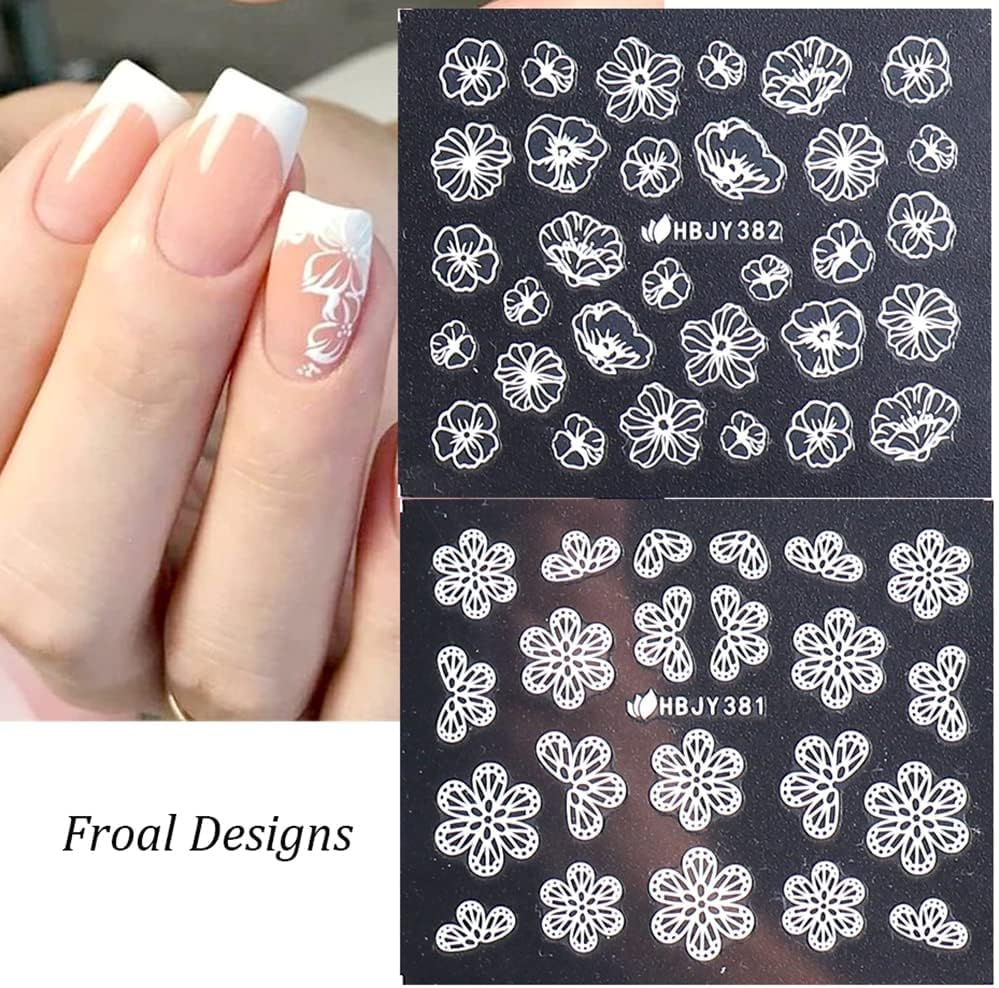 Flowers Nail Decals 3D Self-Adhesive White Floral Nail Art Stickers Wedding Lace Floral Nail Supplies Retro Vine Leaf Pattern Design Luxury Crown Nail Decorations for Women Girls(373-384 White)