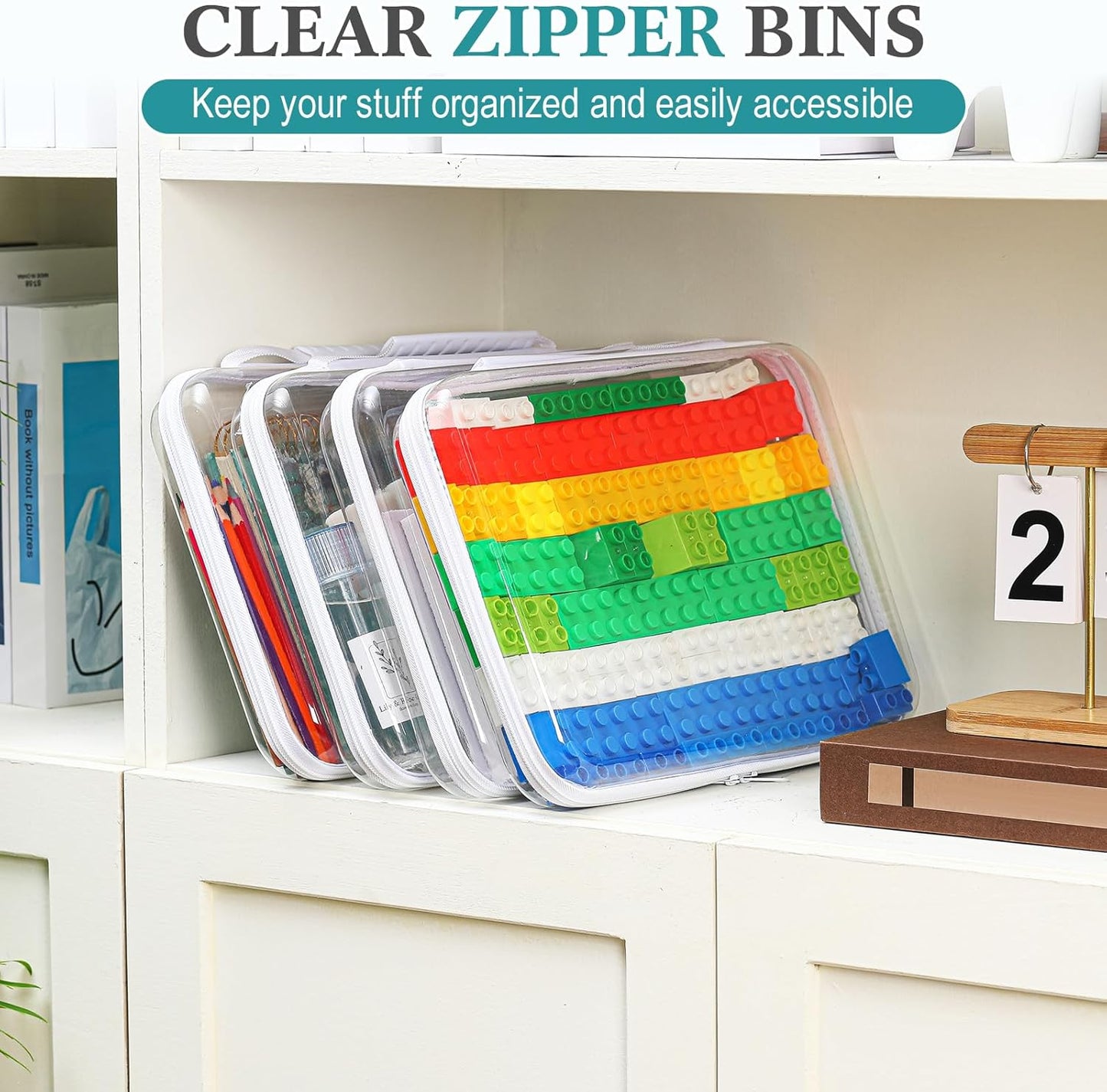 Sanwuta 4 Pcs Clear Hard Zipper Case with Handle Office Storage Cases Hard Plastic Pouches Transparent Bins for Crafts, Pencils, Snacks, Cosmetics, Puzzles(12.6 x 9 x 2 Inches,White)