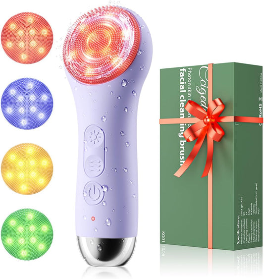 Facial Cleansing Brush: Rechargeable LED Electric Face Cleansing Brush with 4 Gentle Light Liquid Silicone Modes Face Scrubber Exfoliator,IPX7 Waterproof Ideal Gift for Men and Women-Purple
