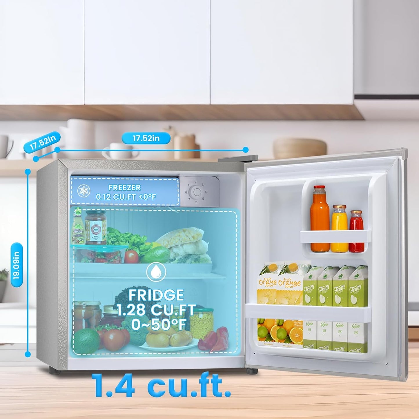 1.6 Cu.ft Mini Fridge with Freezer, Compact Refrigerator, Single Reversible Door, Ultra Quiet, Energy Efficient for Office, Dorm, Bedroom, Apartment, Silver