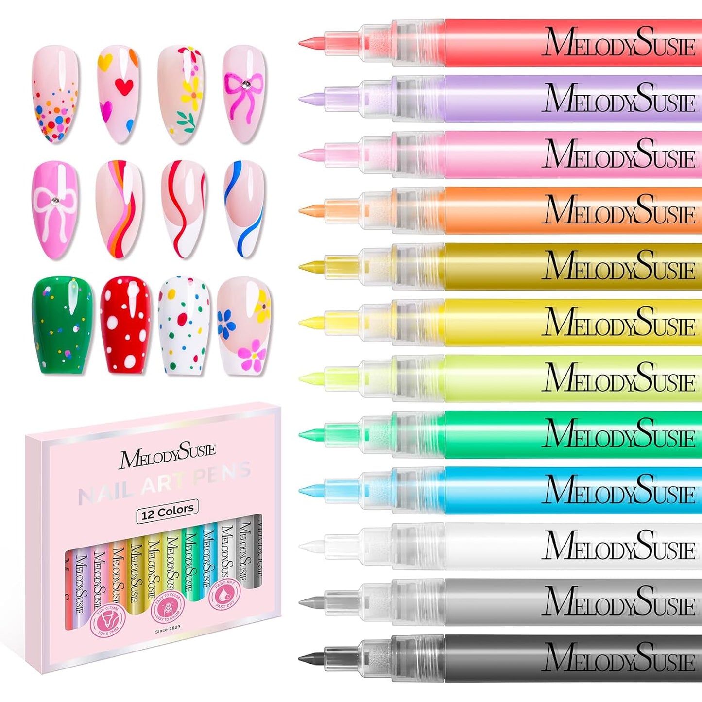 MelodySusie Nail Art Pens Set, 12 Colors 0.7MM Nail Polish Pens for Nail Art, Nail Dotting Tool, Acrylic Paint Markers, Drawing Pen for Nail Design, Manicure Nail Pens for Salon and DIY at Home