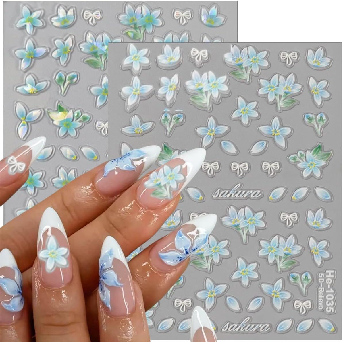 Flower Nail Art Stickers Decals Spring Relief Lily Floral Nail Decals Pink White Blue Self-Adhesive Design Flowers Nails Stickers 5D Embossed Nail Art Supplies for Women Girls Summer Nail Decorations