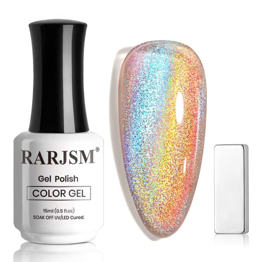 RARJSM Blue Aurora Cat Eye Gel Nail Polish Holographic Rainbow Laser Iridescent Glitter Sparkle Cat Eye Gel Polish with Magnet Stick Soak off UV LED Curing Requires Home Salon Diy Nail Art
