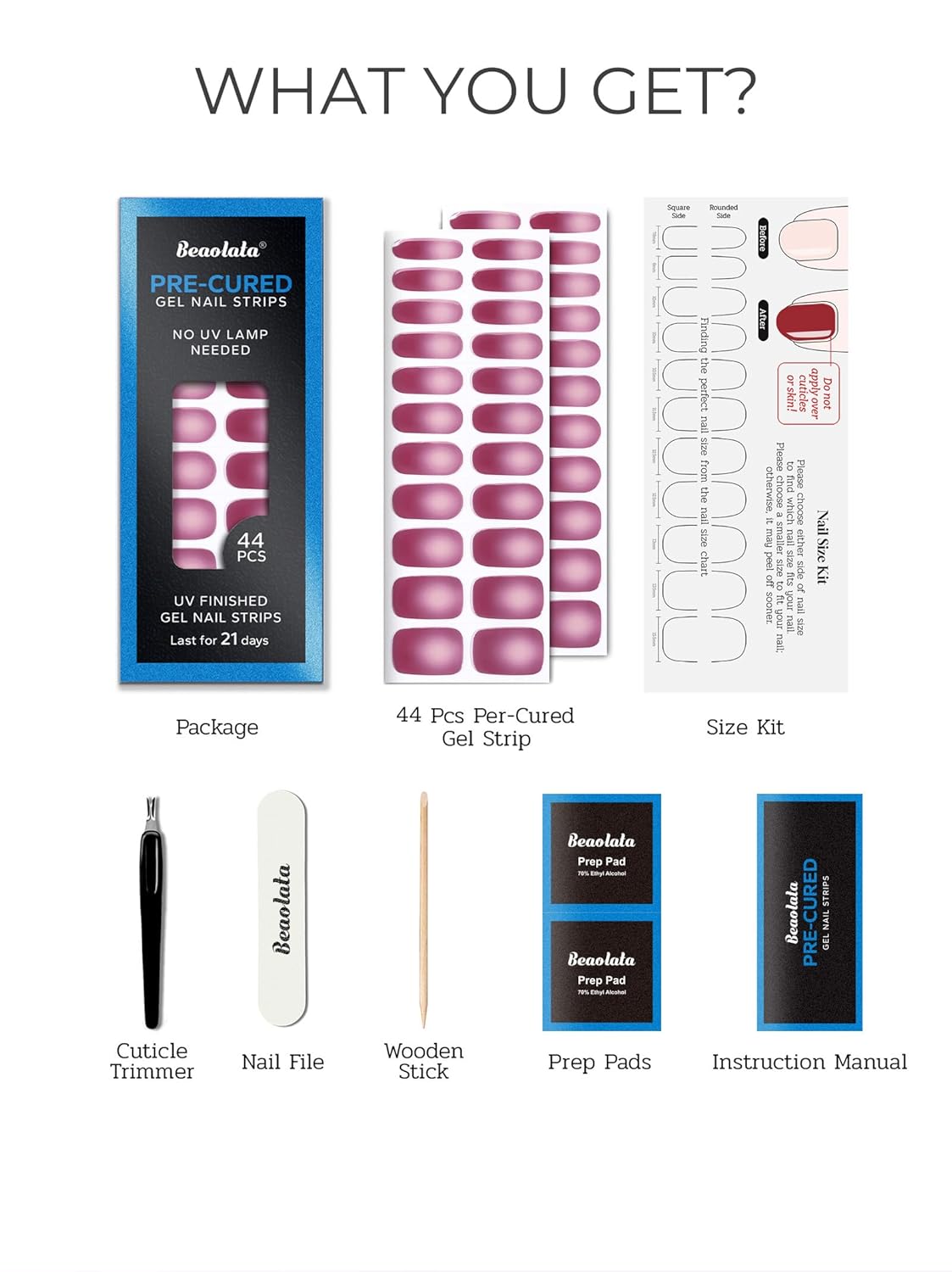 Pre Cured Gel Nail Strips - 44PCS Salon Quality Gel Nail Stickers - Long Lasting Polish Wraps for Women no UV Light Needed Easy Apply& Remove (Bold Pink)