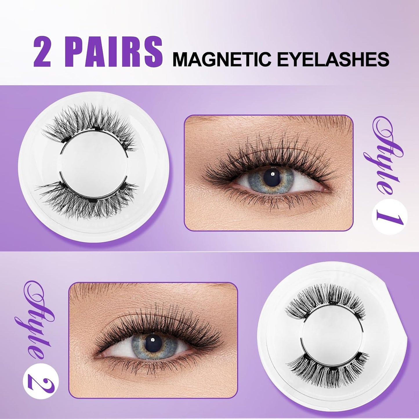 2-Pairs Magnetic Eyelashes Kit with Applicator: Natural Reusable Soft Waterproof False Lash, No Glue Needed, Wendy Lashes, K8+604