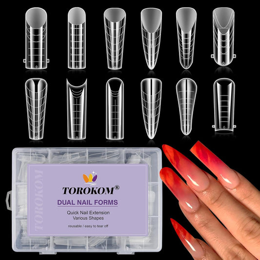 TOROKOM Dual Forms for Poly Nail Gel 288PCS Dual Nail Forms Molds Stiletto Coffin Ballerina Acrylic Nail Tips 12 Shapes for Builder Gel Manicure Nail Art Design Salon DIY at Home