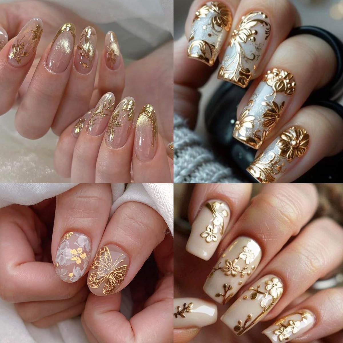 6 Sheets Gold Nail Stickers 3D Metallic Flower Leaf Nail Art Stickers 3D Self Adhesive Gold Nails Designs Accessories Cherry Blossom Flower Nails Decals for Women Girls DIY Summer Manicure Decoration