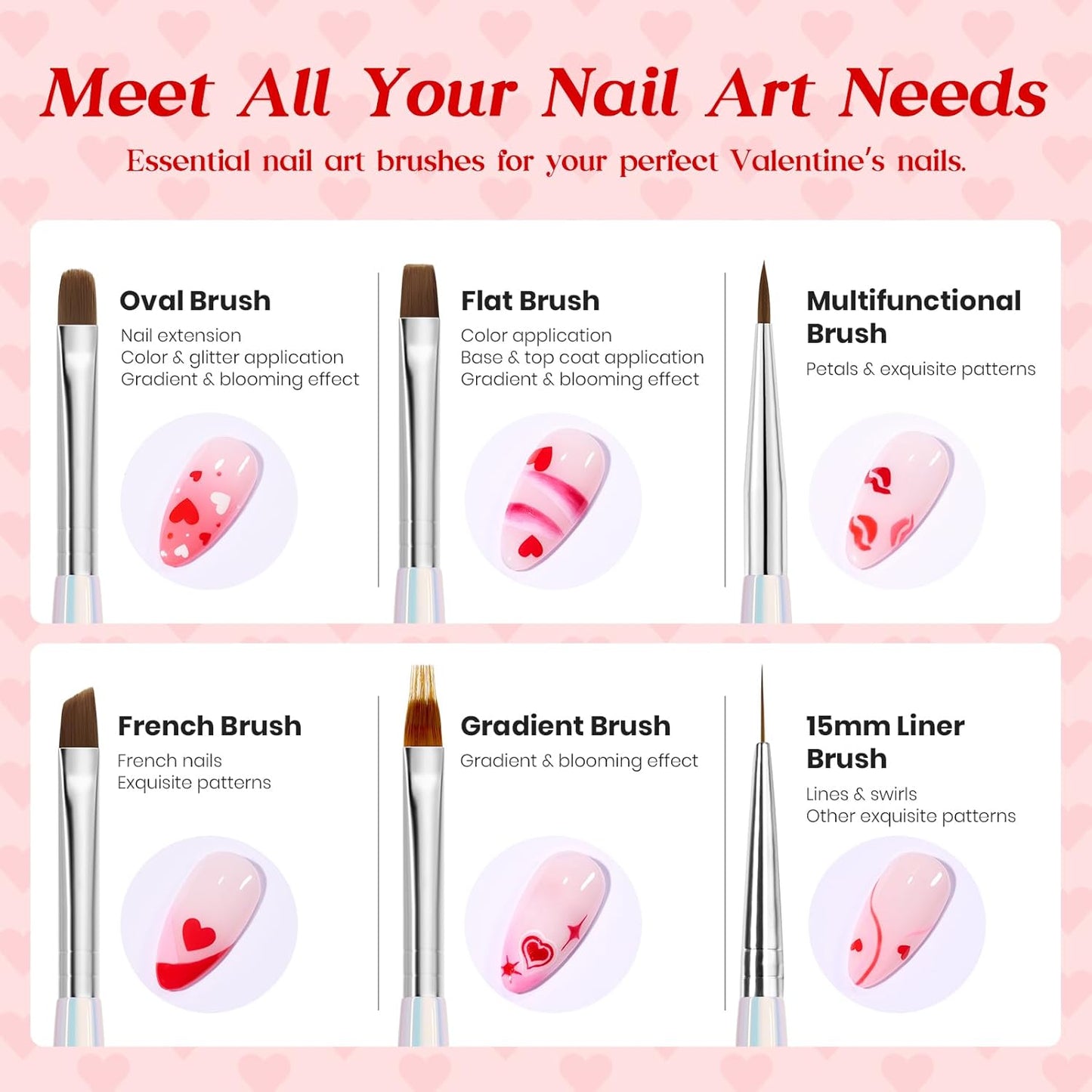 Beetles Red Gel Nail Polish & Nail Art Brushes Set-Heart Desire Multifunctional Nail Brushes Kit for Nail Art with Heart Nail Gems&Nail stickers Manicure Gift for Girls Women