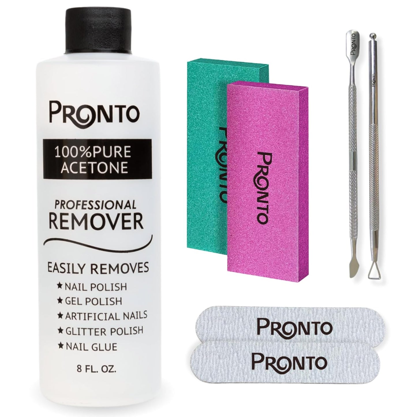 Pronto Acetone Nail Polish Remover 8 Fl Oz with Manicure Kit - Includes Nail File, Buffer, Pusher, Scraper - Pure Acetone 100 Percent - Quick & Professional Gel Acrylic Nail Remover Kit
