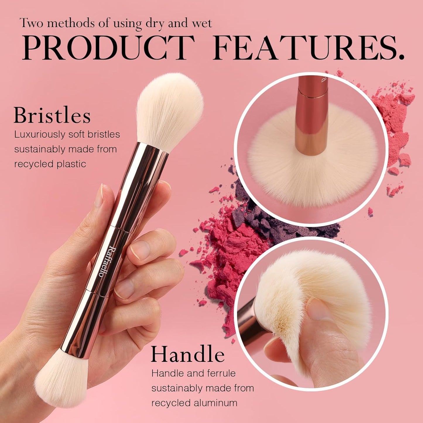 Raffaello 6-in-12 Dual-Ended Makeup Brushes Set, Sustainable Rose Gold Brushes with Recycled Materials, Includes White Faux Leather Pouch, Professional Face & Eye Makeup Kit for Travel and Daily Use